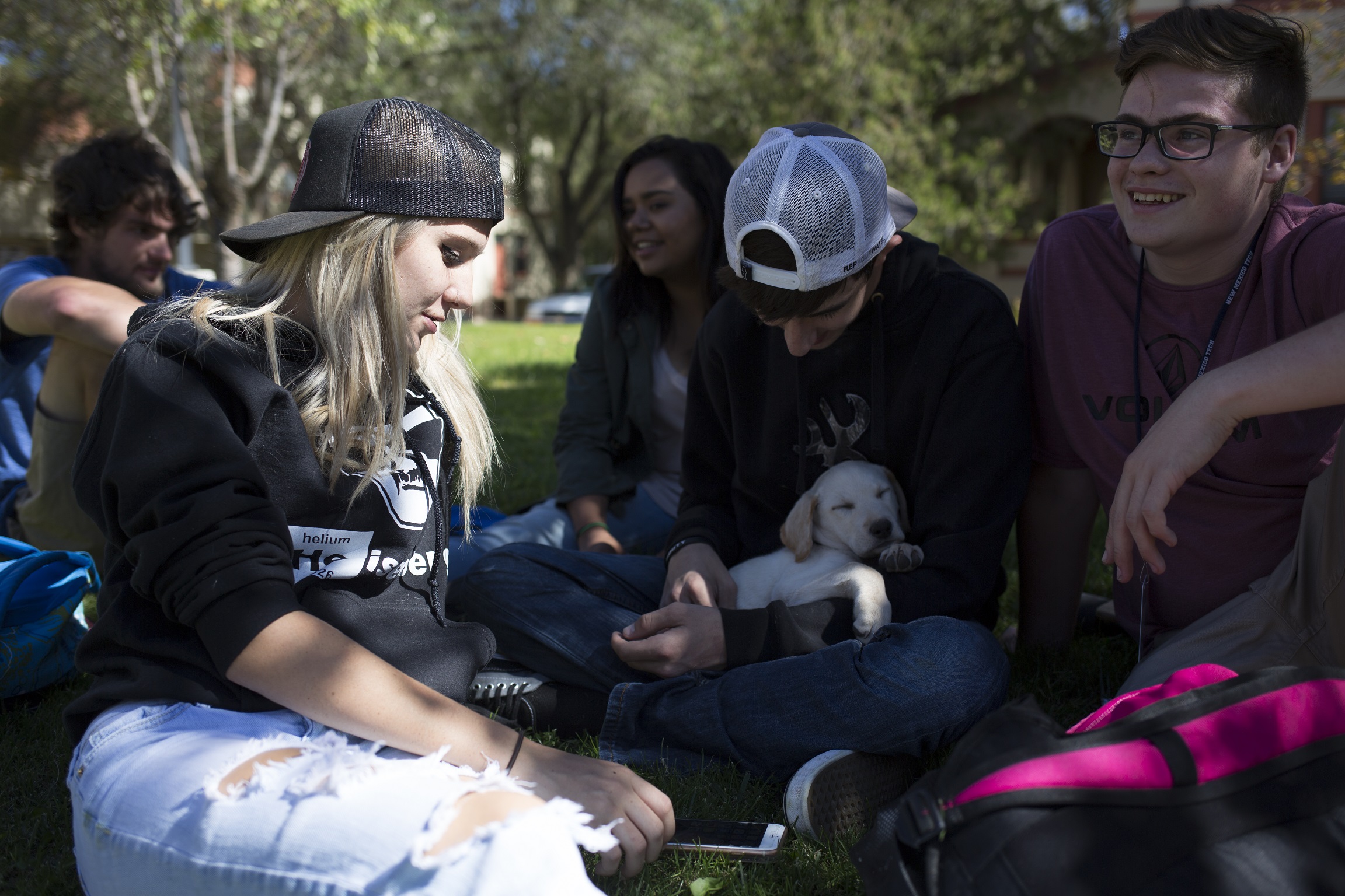 A group of students socializing in a grass area outside of the gym on campus.