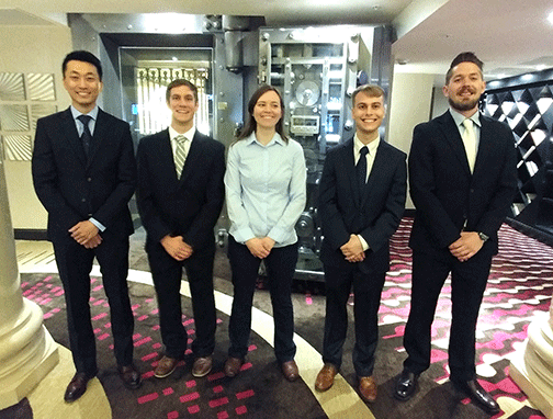 The geology graduate students who won the regional IBA award. From left are Ohtark Kwon, Michael Chirigos, Danielle Sulthaus, Nick Ellis, and Ryan Haughin.