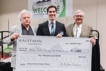 2017 Wolves Den winner Andrew Miller with event organizer Larry Udell and NMT president Dr. Stephen Wells