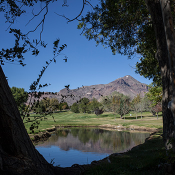 Image of M Mountain with a small pond in the foreground.