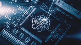 ai graphics computer chip brain memory power, futuristic blue background