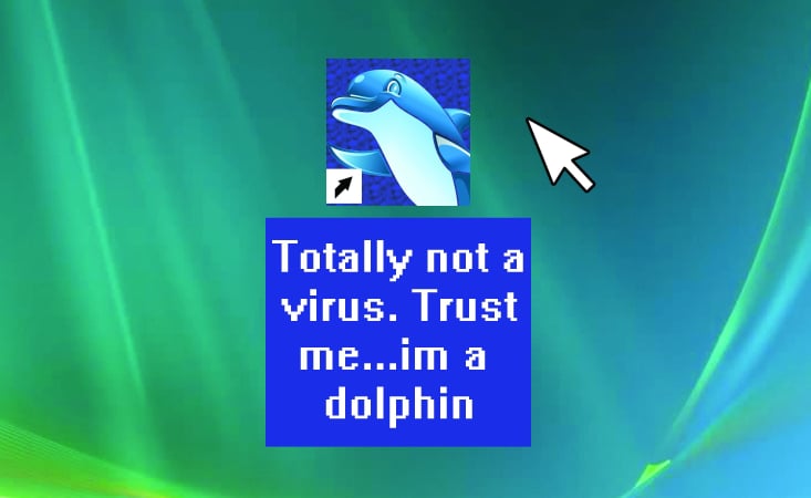 A highlighted app icon with a dolphin saying "Totally not a virus...trust me im a dolphin"
