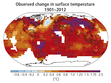 Global map showing the observered change in global surface temperature from 1901-2012