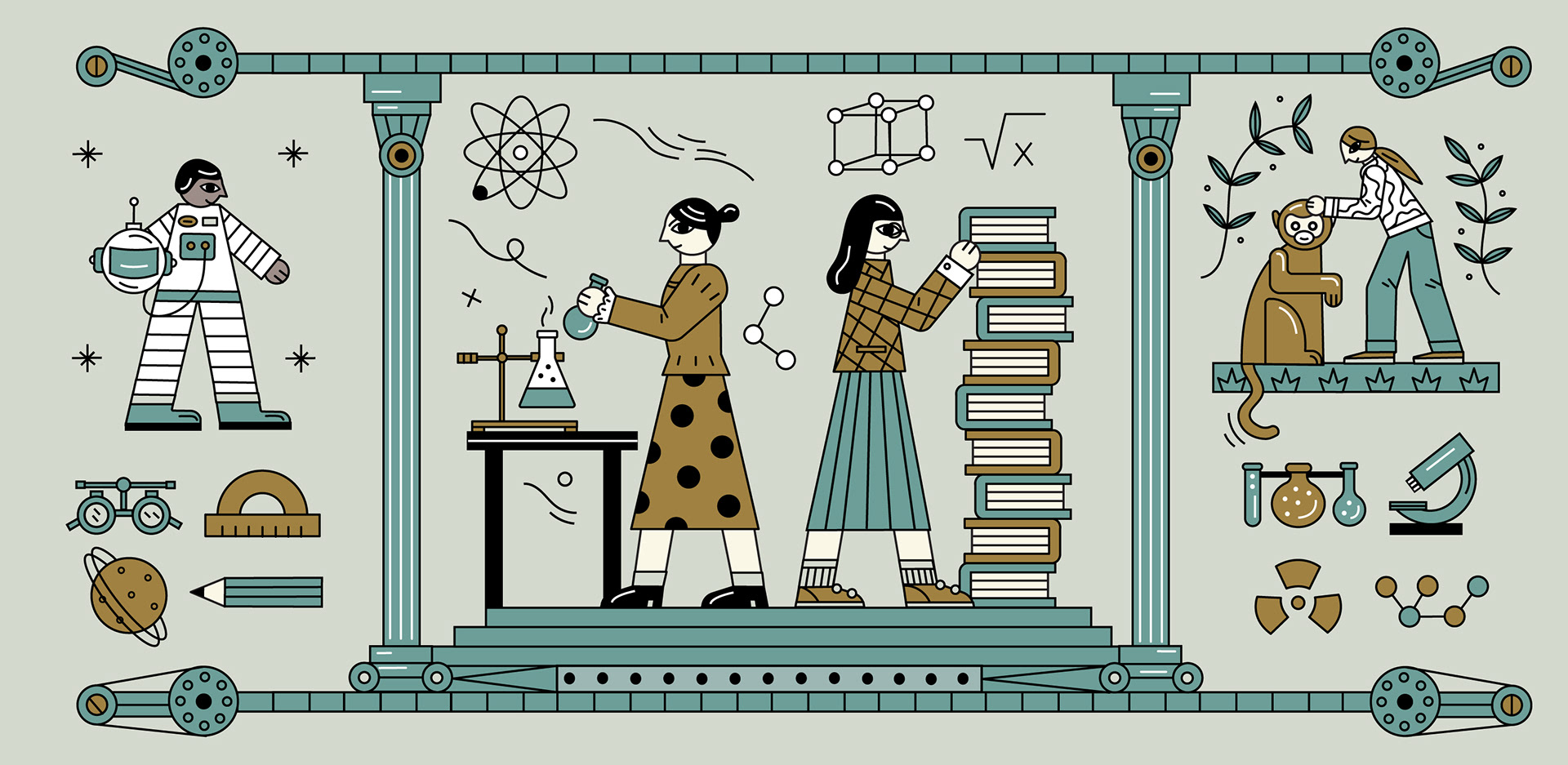 An stylized collage of four famous women in science, including an astronaut, a chemist, a mathemetician, and a biologist. 