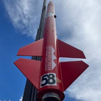 Close up of the New Mexico Tech team rocket before launch
