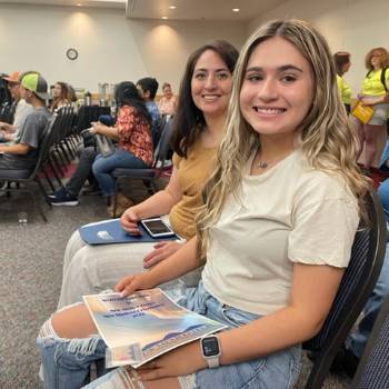 Future biomedical sciences major Hailey Gulas, left, and her mother, Brandy Gulas, of Los Lunas, attend New Student Orientation June 10, 2022, at the Fidel Center. 