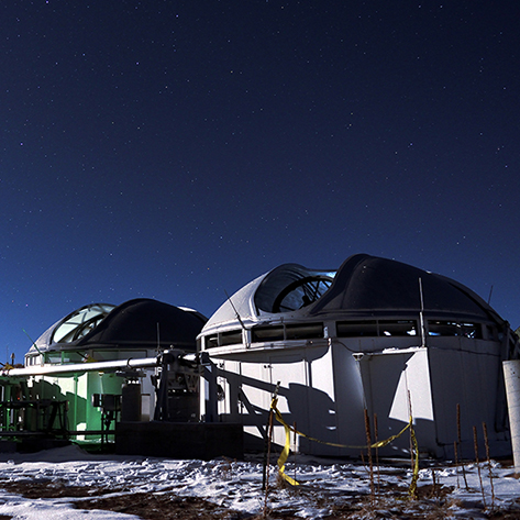 Nighttime close up of MROI's first two telescopes at an 8m separation. (Photo Credit: Cole Mason (MROI))