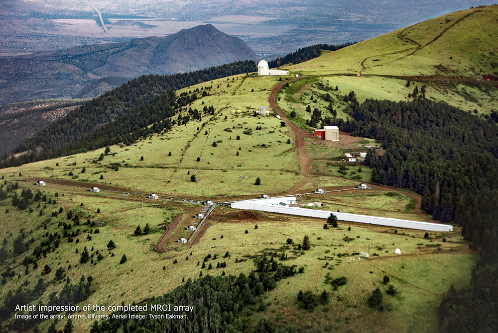 Aerial photo of MROI with telescopes superimposed to show artist's rendition of the completedastronomical facility. The MROI will simulate a telescope up to 347 meters in diameter whenit is completed. Today MROI has 2 telescopes on the array. (Photo Credit: Tyson Eakman andAndres Olivares (MROI))