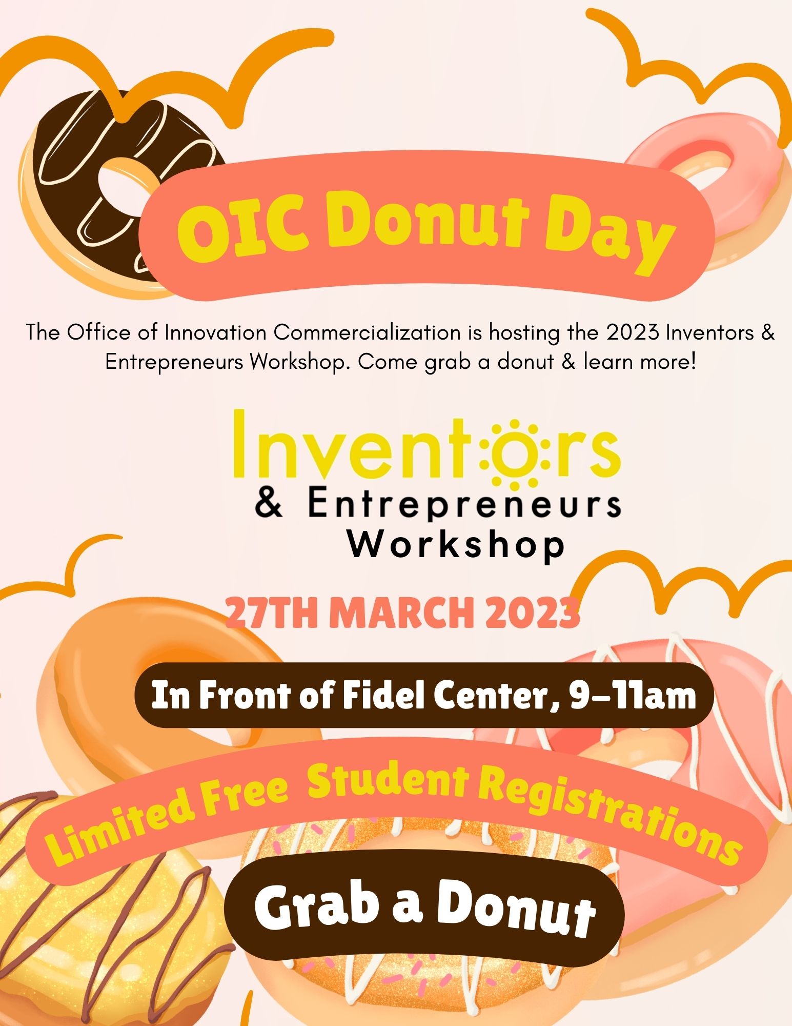 All are invited to join the Office of Innovation and Commercialization info event dubbed "Donut Day" to grab a bite and learn more about our work and your benefits.